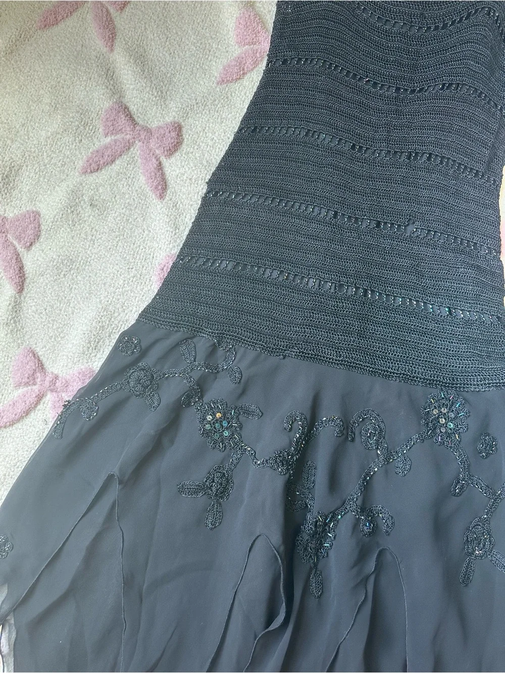 Black Spaghetti Strap Evening Dress with Beaded Skirt